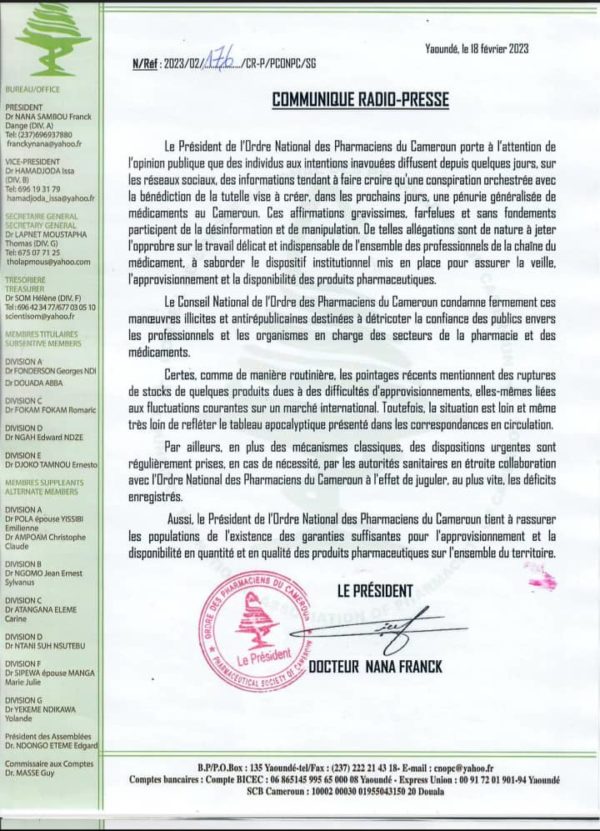 Cameroun Le Communiqu Du Pr Sident De L Ordre Des Pharmaciens